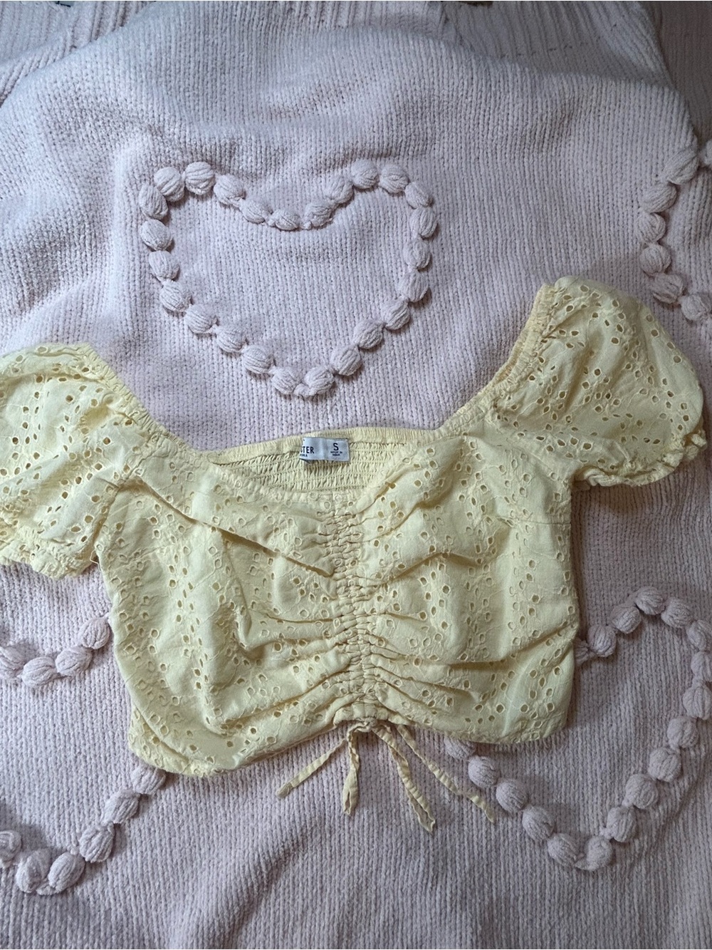 Hollister Pale Yellow Eyelet Ruched Puff-Sleeve Crop Top
